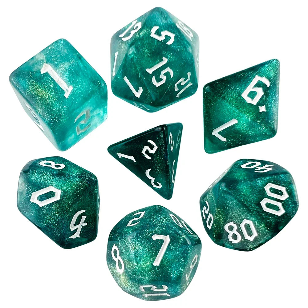 7-piece polyhedral dice set in frosty teal green with white numbers, shown on a white background