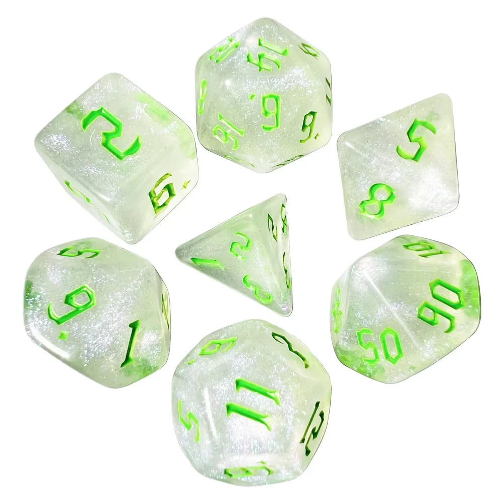 7-piece polyhedral dice set in frosty white with bright neon green numbers, shown on a white background