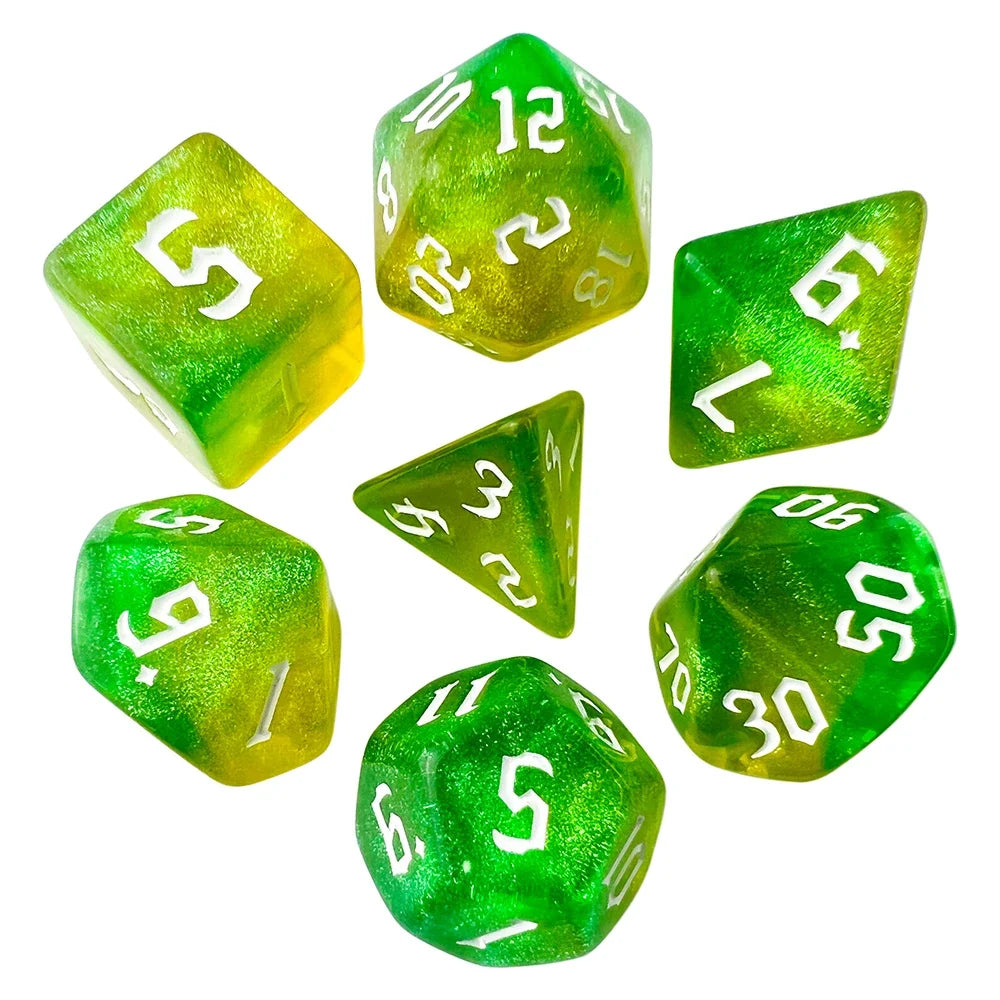 “7-piece polyhedral dice set in shimmering green and yellow gradient with white numbers, shown on a white background
