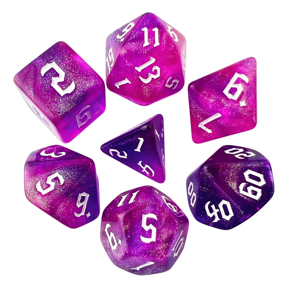 7-piece polyhedral dice set in vibrant magenta and purple gradient with white numbers, on a white background